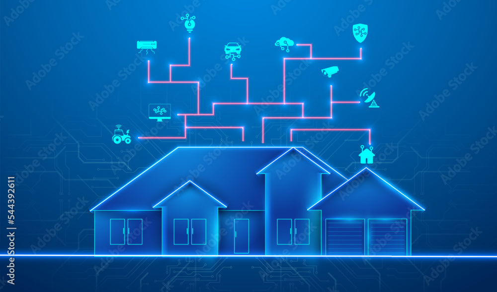 Leinwandbilder Banner of Smart Home technology. The building consists of numbers and is connected by icons of household smart devices. Intelligent home management system. The concept of a smart home security system