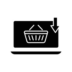 Online shop glyph icon. Contains laptop with shopping cart and download. icon illustration related to e commerce shop. Simple vector design editable. Pixel perfect at 32 x 32