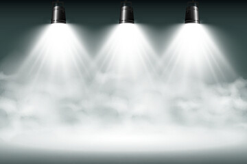 Empty stage with spotlights. Lighting devices on a transparent background.