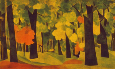 Autumn forest. Nature landscape. Digital illustration. Cubism style.