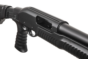 Pump-action 12 gauge shotgun isolated on a white back. A smooth-bore weapon with a plastic stock.