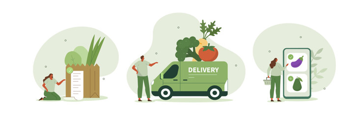 Grocery shipping illustration set. Character buying online fresh organic vegetables,  paying for an order and getting groceries delivered. Grocery food delivery concept. Vector illustration. - obrazy, fototapety, plakaty