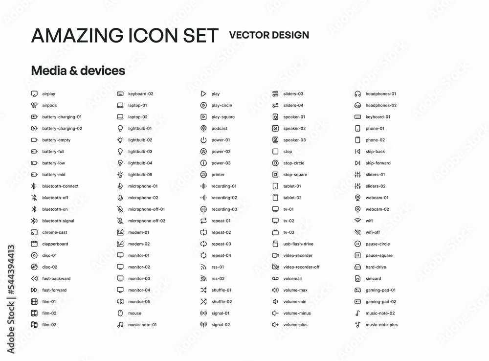 Poster 100+ media and device icon pack symbol template design collection. set of flat signs and symbols for