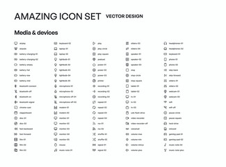 100+ Media and Device icon pack symbol template design collection. Set of flat signs and symbols for web and apps.