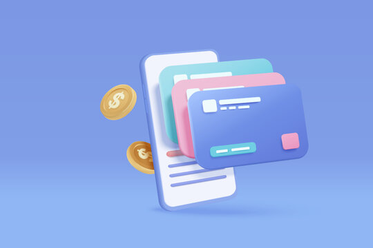 3D credit card money financial security for online shopping on mobile phone, online payment secure with credit card and money coin payment concept. 3d smartphone vector icon render illustration