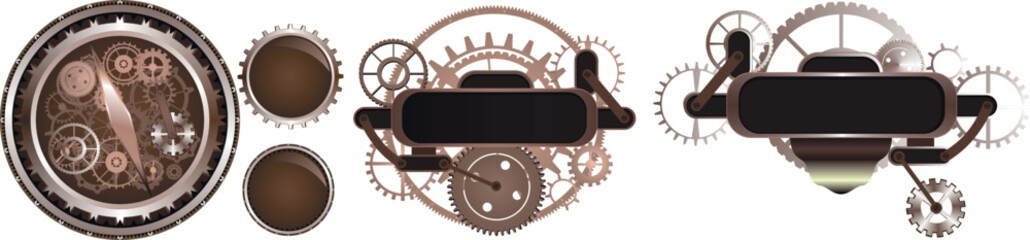 	
Colorful golden steampunk background and screen. Frame and vintage clock, flakon, bulb, cogs and gears. Vintage set