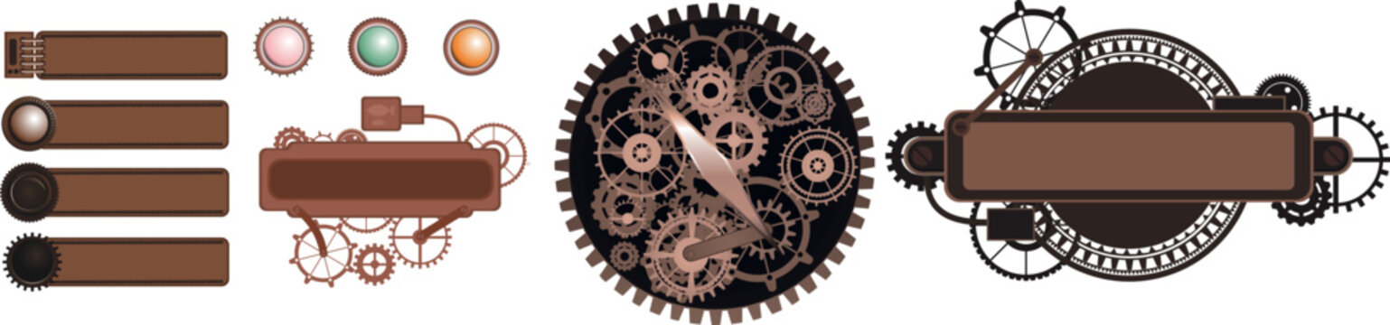 Steampunk Design Elements Set &ndash; Brass Gears, Copper Buttons, Metal Plates and Vintage Frames