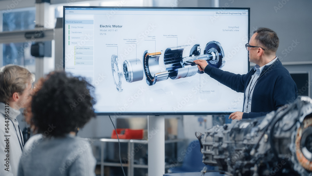 Poster professor lectures diverse group of multi ethnic students and pointing at model of turbine engine on