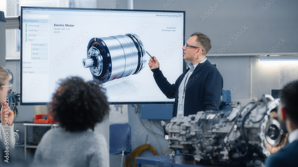Aufkleber Professor Lectures Diverse Group of Multi Ethnic Students and Pointing at 3D Model of Turbine Engine on Big Television Screen in University. Engineering and Green Electric Energy Concept.
