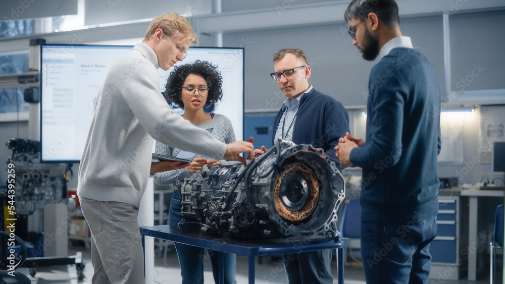 Poster intelligent black woman talks to diverse colleagues while working together on functions modification