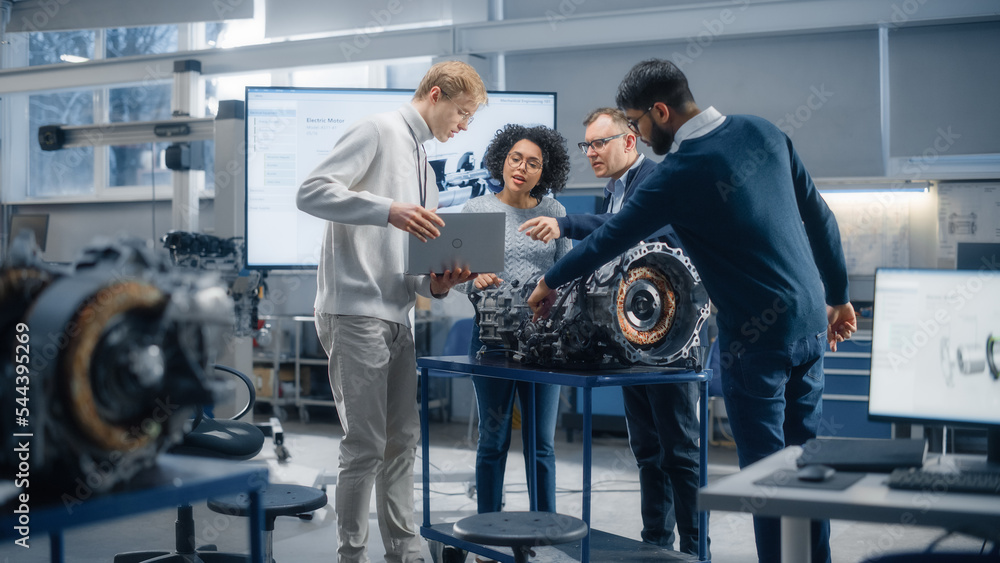 Poster Diverse Engineers Work Together on Functions Modification of Electric Engine for Innovative Project. Engineering and Sustainable Energy Technologies for Modern Vehicles Concept.