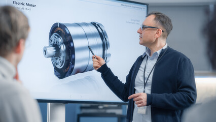 Male Chief Engineer Talks to Young Specialists About Components of the Electric Motor and Using Big...