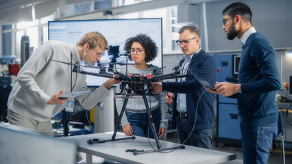 Team of Aviation Engineers Work on a New Drone, Have Discussion, Use Laptop In the Scientific...