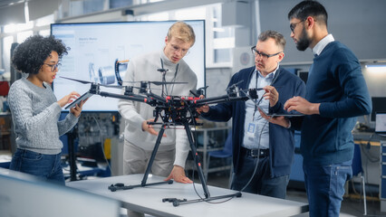 Enthusiastic Diverse Engineers Have Energetic Discussion About Remote Control Drone Design....