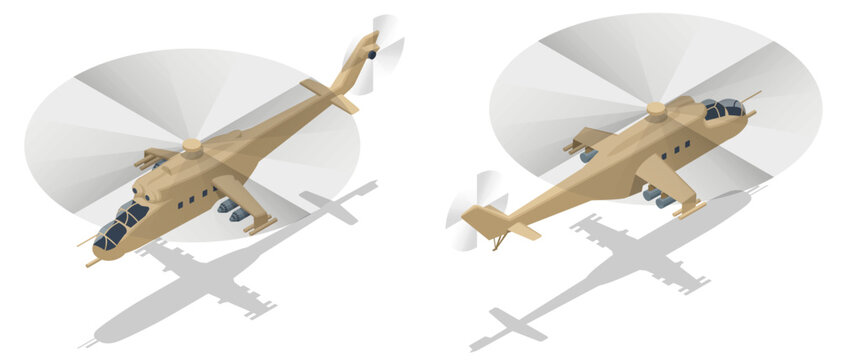 Isometric Mil Mi-24 large helicopter gunship, attack helicopter and low-capacity troop transport. Attack helicopter with transport capabilities, helicopter gunship