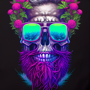Colorful human bearded skull design illustration