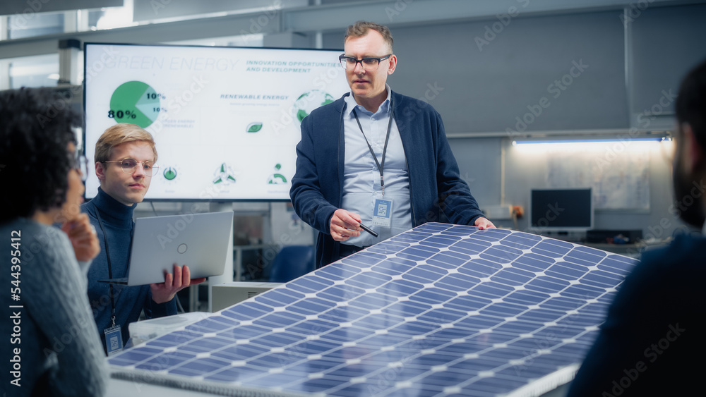 Poster Team Meeting of Renewable Energy Engineers Working on an Innovative More Efficient Solar Panel Battery Concept. Group of Specialists Gathered Around Table, Solving Problems. Bright Research Facility.