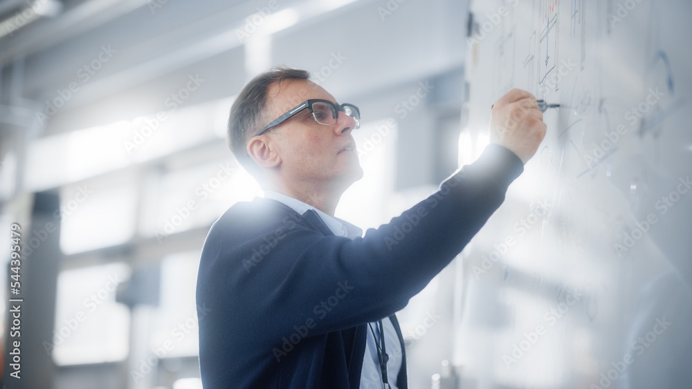 Poster Teacher Talks to Students and Use Chalkboard During University Lecture in Classroom. Smart Caucasian Man Draws Formulas and Schemes on Seminar. Genius Solves Problems Concept.