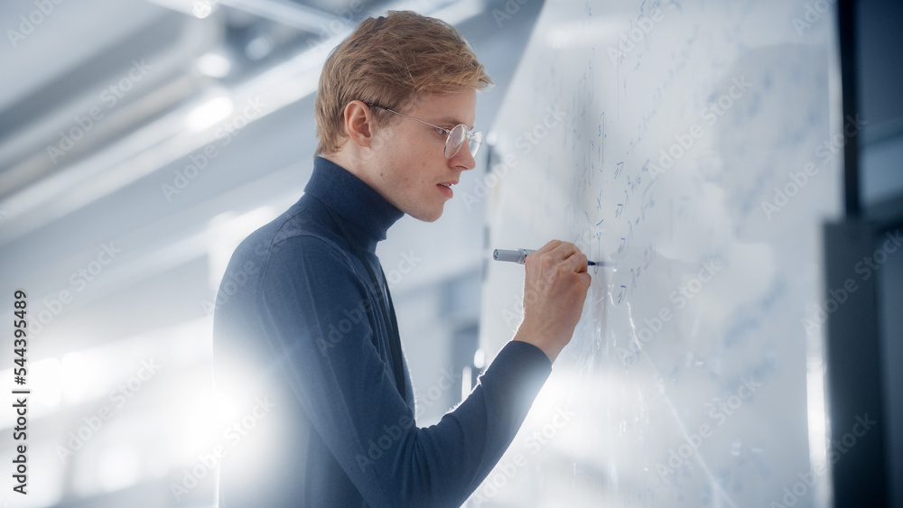 Poster Intelligent Young Academic Writing Big and Complex Mathematical Formula or Equation on the Whiteboard. Solving Problems and Searching for New Efficient Strategies Concept.