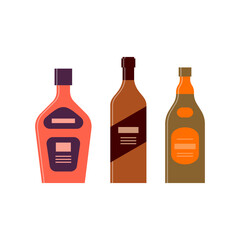 Bottle of cream, brandy, whiskey great design for any purposes. Icon bottle with cap and label. Flat style. Color form. Party drink concept. Simple image shape  on white backgrounds