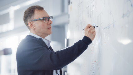Chief Engineer Drawing Graphs on a Whiteboard During University Lesson in Classroom. Solving...