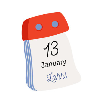Tear-off calendar. Calendar page with Lohri date. January 13. Flat style hand drawn vector icon.