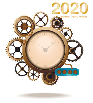 Steampunk Clock with Brass Gears and Cogwheels &ndash; Vintage Mechanical Illustration