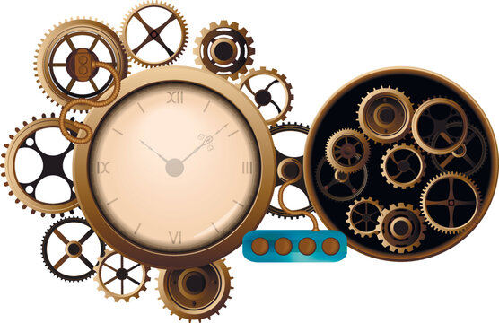 Steampunk Clock with Brass Gears and Cogwheels &ndash; Vintage Mechanical Illustration