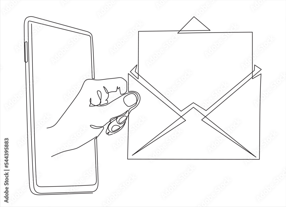 Poster one continuous line drawing of hand holding open envelope with a letter on screen smart phone. vecto