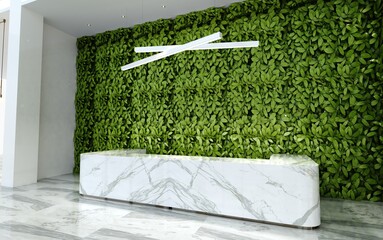 Reception in new office. Blank of corporate style, natural green wall. Green plant wall office concept. 3d rendering.