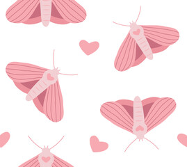 Vector seamless pattern of flat hand drawn pink moth isolated on white background