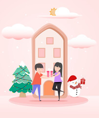couple in winter with house and snowman sen to gift each other.Christmas card with Santa Claus and Snow man. Merry Christmas and happy new year card design. Christmas Card design