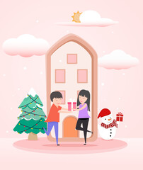 couple in winter with house and snowman sen to gift each other.Christmas card with Santa Claus and Snow man. Merry Christmas and happy new year card design. Christmas Card design © sirinporn