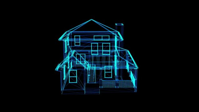 3D blueprint of home rotating on black background