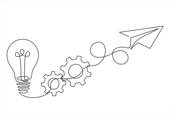 Paper plane flying up connected gears with light bulb in one continuous line drawing. Airplane in outline style. Startup business idea concept. Vector illustration