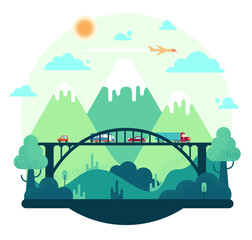 Long bridge in the mountains, vector cartoon illustration in flat stile