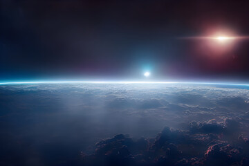 The sun rises over a blue planet, as seen from space. 