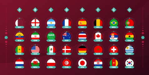 2022 world Qatar football cup national flag set. Flags of all countries participating in the final part of soccer 2022 competition in 8 groups. Vector illustration - obrazy, fototapety, plakaty