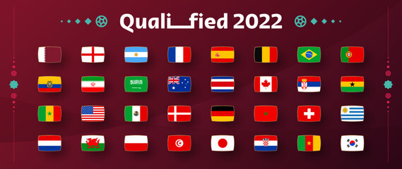 2022 Qatar world football cup national flag set. Flags of all countries participating in the final part of soccer 2022 competition in 8 groups. Vector illustration - obrazy, fototapety, plakaty