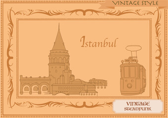 Galata, Istanbul vintage skyline frame, vector background , old retro, steampunk logo	