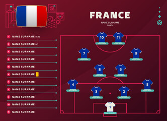 france line-up world Football 2022 qatar, cup tournament final stage vector illustration. Country team lineup table and Team Formation on Football Field. soccer tournament Vector country flags