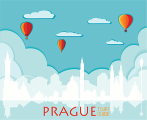Prague, Cute town skyline, colorful city view, baloons and clouds