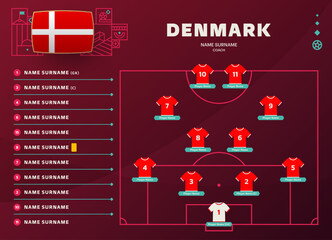 denmark line-up world Football 2022 qatar, cup tournament final stage vector illustration. Country team lineup table and Team Formation on Football Field. soccer tournament Vector country flags