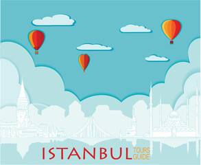 Istanbul, Cute town skyline, colorful city view, baloons and clouds