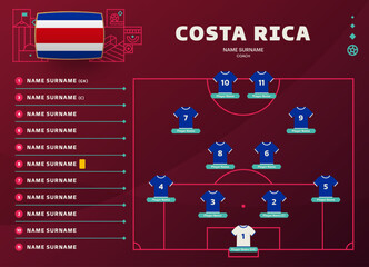 costa rica line-up world Football 2022 qatar, cup tournament final stage vector illustration. Country team lineup table and Team Formation on Football Field. soccer tournament Vector country flags