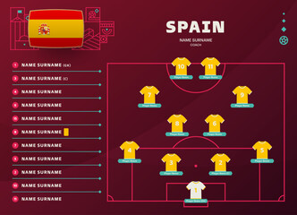 spain line-up world Football 2022 qatar, cup tournament final stage vector illustration. Country team lineup table and Team Formation on Football Field. soccer tournament Vector country flags