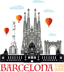 Barcelona, Cute town skyline, colorful city view, baloons and clouds
