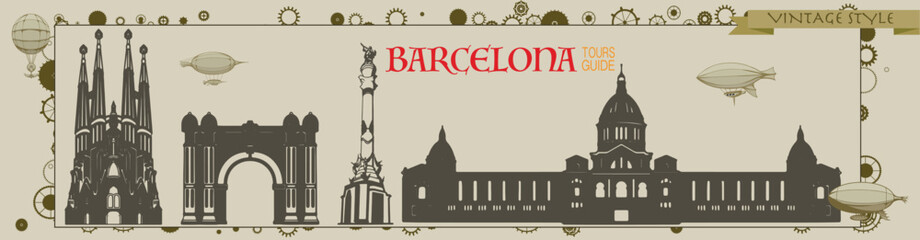 Barcelona, Steampunk vintage postcard,  city view, cogs and gears on a background