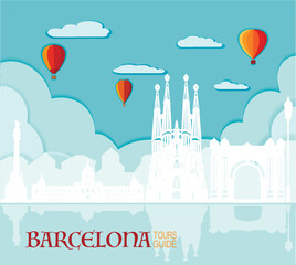 Barcelona, Cute town skyline, colorful city view, baloons and clouds