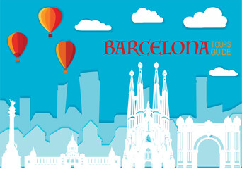 Barcelona, Cute town skyline, colorful city view, baloons and clouds